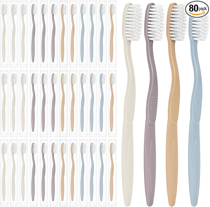 Bulk 80-Pack Individually Wrapped Toothbrushes with Tongue Scraper | Travel Toothbrush Set for Adults | Soft Bristles, Hygienic Dental Care for Hotels, Home, Events (Multi-Colored)