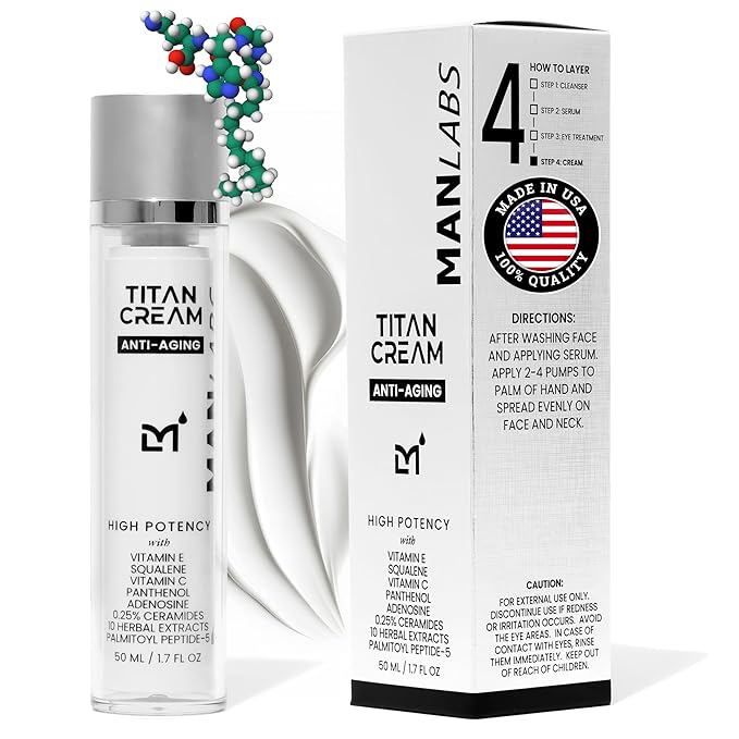 Man Labs Titan Anti-Aging Mens Face Cream – Mens Face Moisturizer – For Men, Face Lotion – Men, Skin Care – Tighten, Tone, Revitalize – Ceramides, Vitamin C & E, Squalane – All Skin Types – Unscented