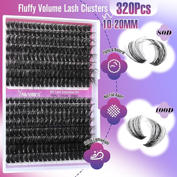 Fluffier Volume Lash Clusters 320pcs DIY Lash Extension 10-20mm D Curly Eyelash Clusters 80D+100D Wispy Individual Lashes Cluster Eyelash Extensions DIY Lash at Home by Yawamica