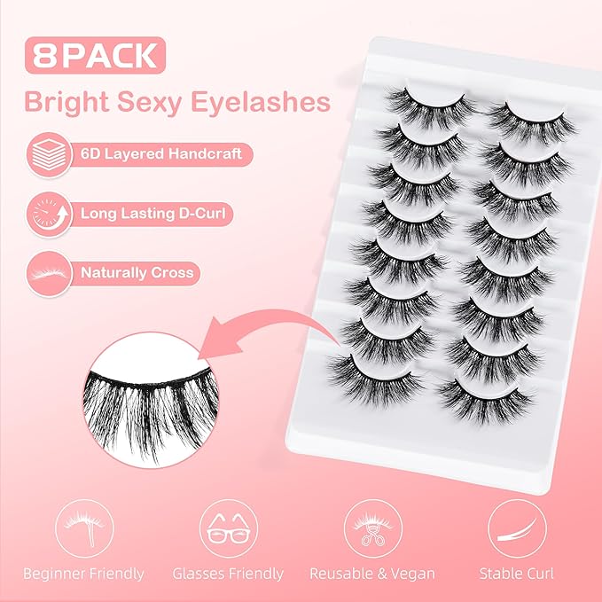 False Eyelashes Manga Anime Lashes, Wispy Volume Fake Lashes, Invisible Band for Cosplay, 8 Pairs Faux Mink Natural Look Spiky Eyelash Strips 17MM (Bright Sexy)