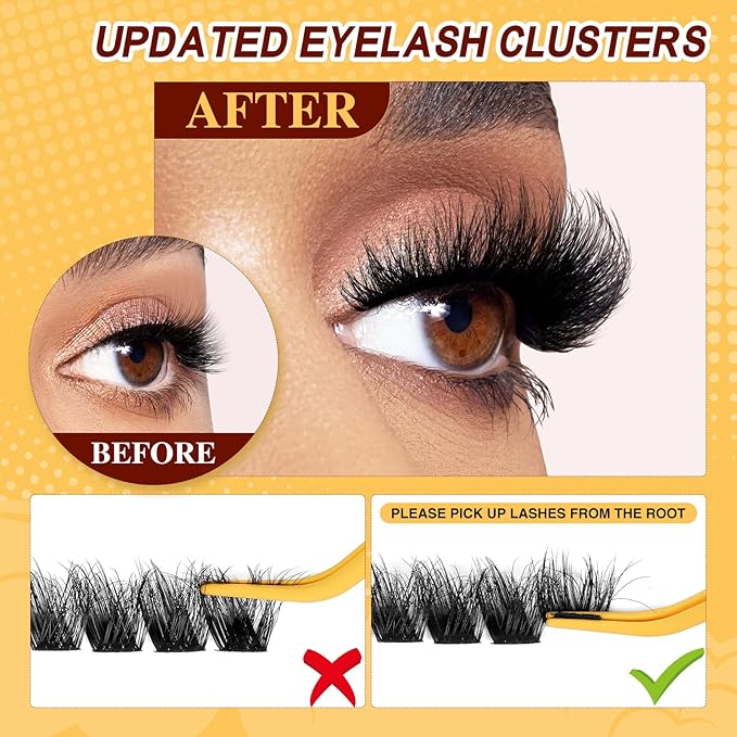 QUEWEL Lash-Clusters-Kit, DIY Lash Extension Kit 3D Effect Lash-Clusters Mix 10-18mm Eyelash Clusters with Lashes Bond and Seal Eyelash Tweezers (3D Cloud A Kit)