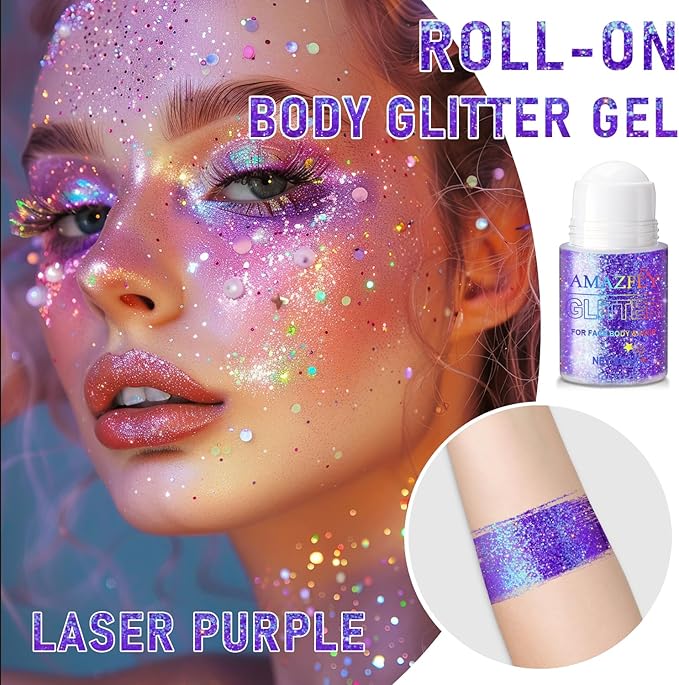 Roll-on Holographic Body Glitter Gel for Face and Hair, Chameleon Color Changing Glitter Gel Under Light, Chunky Mermaid Sequins Shimmer Makeup for Halloween Party Rave Accessories (Purple)