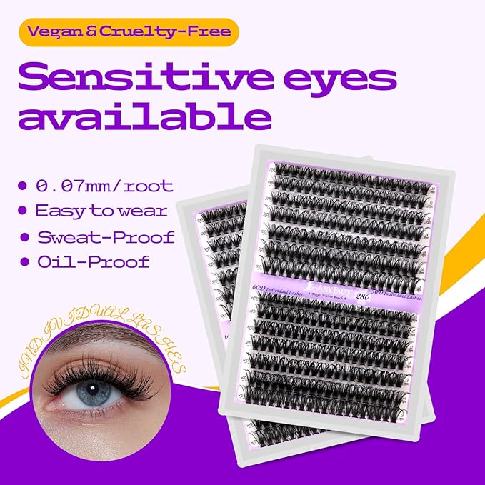Lash Clusters kit DIY Lash Extension kit 280pcs 10-18mm Wispy Individual Lashes kit with Lash Bond and Seal, Lash Tweezers for Self Use,Beginner-Friendly (sylph 50D-60D-KIT)