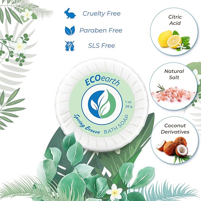 EcoEarth Hotel Toiletries Bundle (Spring Breeze, 1 oz each, 100 Pieces) 4-Piece Set: 25 Round Bar Soap, 25 Shampoo, 25 Conditioner & 25 Body Lotion - Bulk Mini Guest Amenities