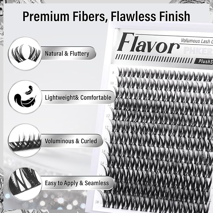 Flora Lash Clusters Wispy Eyelash Clusters 8-18mm Natural Cluster Eyelash Extensions Soft Volume Individual Lashes DIY Feather-Light D Curly Cluster Lashes Extension with Ultra-Thin Band