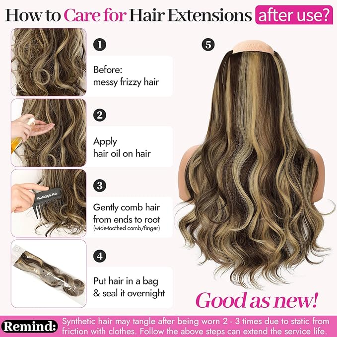 KooKaStyle Clip In Hair Extensions, Natural Long Layered Soft Invisible Synthetic Curly Wavy Hairpieces for Women, 4 pcs (20 Inch, Balayage Medium Brown to Golden Blonde)