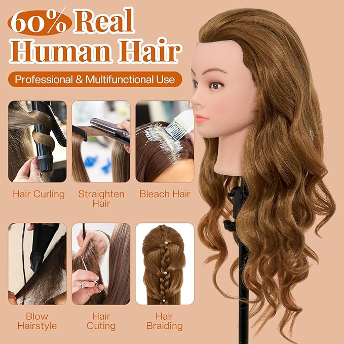28Inch Mannequin Head with 80% Real Human Hair - Doll Head for Hair Styling Braiding Curling,Cosmetology Mannequin Head with hair with Table Clamp Hair Styling Set (Blonde)