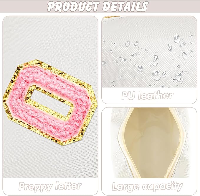 URSKYTOUS Initial Makeup Bag Personalized Preppy Travel Small Cosmetic Bag Cute PU White Chenille Letter Makeup Pouch for Purse Waterproof Zippered Toiletry Organizer for Women Girls Kids Friends (O)