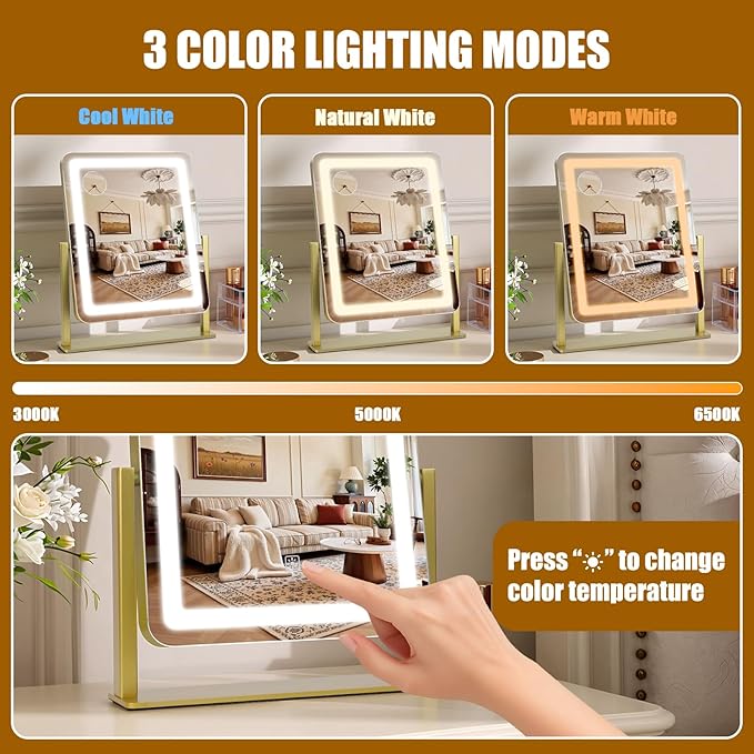 Vanity Mirror with Lights, 12.2"×15" Large LED Makeup Mirror with Light, HD Mirror, Smart Touch with 3-Color Lighting, Dimmable, 360° Rotation, Lighted Up for Vanity Desk Tabletop, Bedroom (Gold)