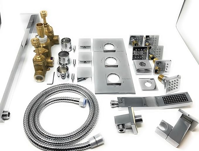 Cascada Luxury Bathroom Shower Set with Luxury Water Power LED Shower Head (Wall Mount) Rainfall Thermostatic 6 Massage Jets Spray Body Shower Set (8", Chrome)