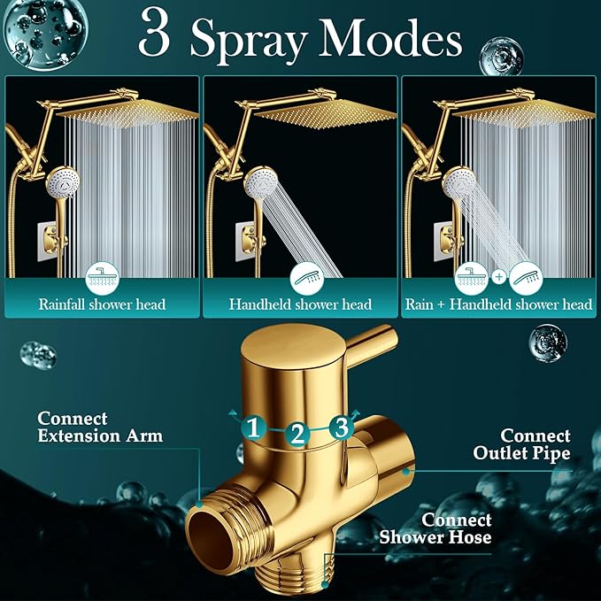 12'' Gold Rain Shower Head, High Pressure Rainfall Shower Head with 16 inch Adjustable Extension Arm，Flexible Adjust Height and Angle, 5 Setting Spray Handheld Shower Head, Anti-leak