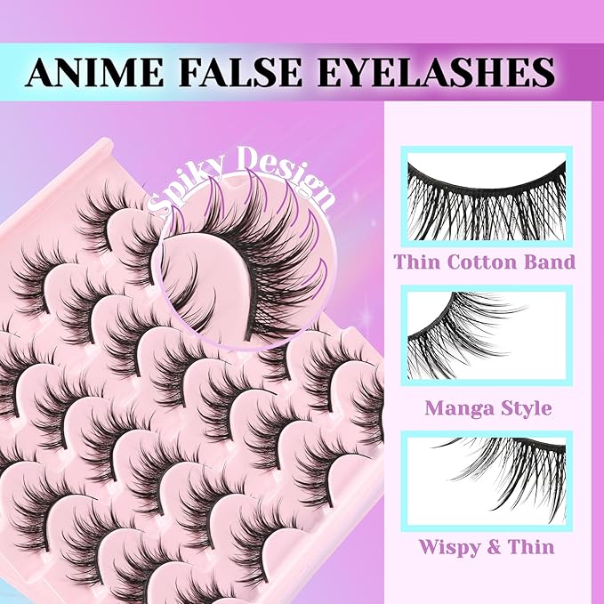 Losha Lashes Natural Manga Lashes 14 Pairs Wispy False Eyelashes Asian Anime Eye Lashes Kit with Lash Glue and Lash Tweezers Soft Fake Eyelashes (Manga)