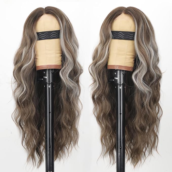 AISI HAIR Ombre Brown Highlight Platinum Blonde Wig for Women, Long Wavy Lace Hairline Middle Part Synthetic Heat Resistant Wig for Daily Party-26 Inch