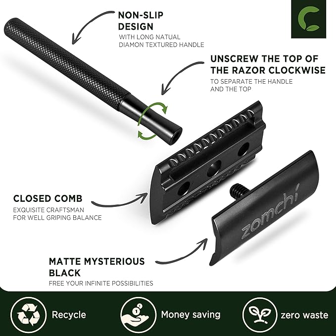 ZOMCHI Safety Razor for Men with 5 Double Edge Safety Razor Blades, One Blade Safety Razor, Metal Razor Zero Waste – Black