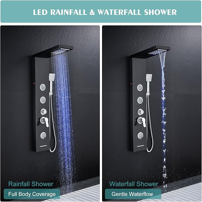 KINKIB LED Shower Panel Tower System, 6-in-1 Shower Tower with Rainfall Waterfall Shower Head, 2 Modes Powerful Body Jets, Handheld Shower and Tub Spout, Stainless Steel Shower Column, Black