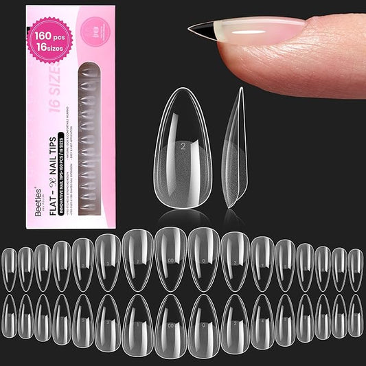 Beetles Gel Nail Tips Flat-X - Almond Medium, 160pcs 16 Sizes, Pre-Etched Half Matte Full Cover Soft Acrylic False Nail Tips Clear Press on Easy DIY Extension Salon for Flat & Natural Nail Beds