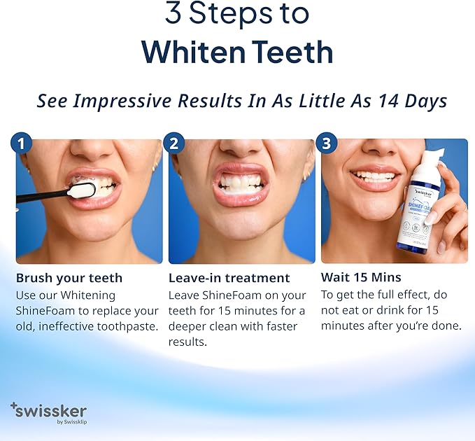 Swissker by Swissklip ShineFoam | Teeth Whitening Foam | Mint Flavor Whitening Toothpaste | Teeth Whitener I Professional Teeth Whitening Kit | 100% Vegan - Made in USA - 1.69 oz - Pack 3
