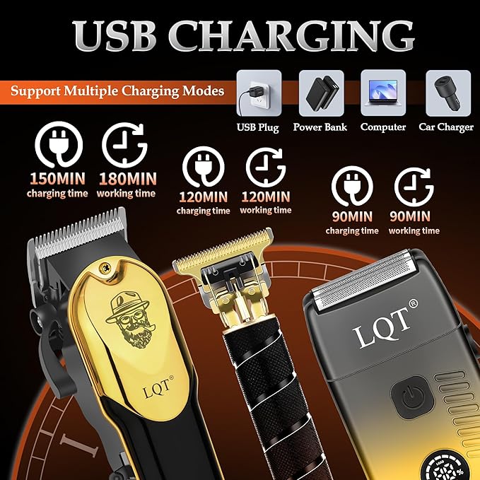 3-in-1 Barber Kit, Professional Hair Clipper, T-Blade Trimmer & Foil Shaver Set, Long-Lasting Battery, LED Display, Cordless Rechargeable Hair Cutting Tools for Men, Gold, Home-use, Gifts for Men