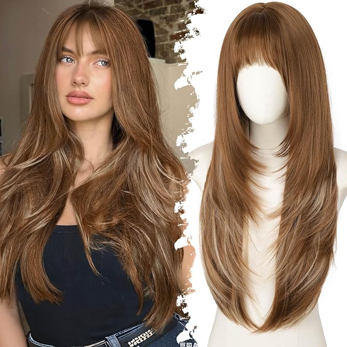 Long Copper Brown with Blonde Highlights Wig with Bangs for Women,4x4 Realistic Scalp,Free Parting,Layered Hairstyle Synthetic Heat Resistant for Daily Party Use 26 inch