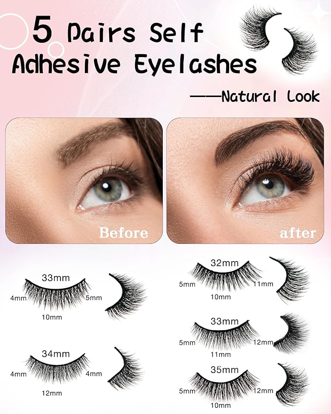 Self Adhesive Eyelashes Natural Look False Eyelashes Reusable Self Stick Lashes No Glue Needed 5 Pairs Waterproof Lashes Mixed (Black 02)