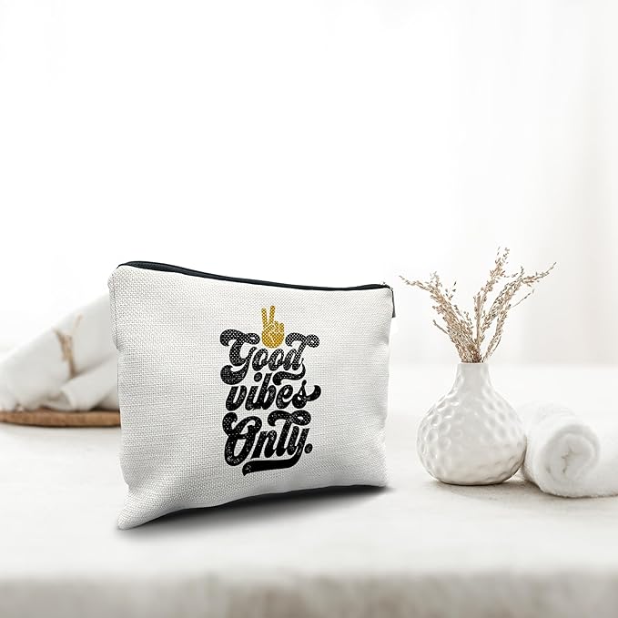 Nogrit Retro 70s Groovy Makeup Cosmetic Bag,Groovy Good Vibes Only Peace Hand Sign Makeup Travel Toiletry Bag,Inspirational Gifts for Women Girls