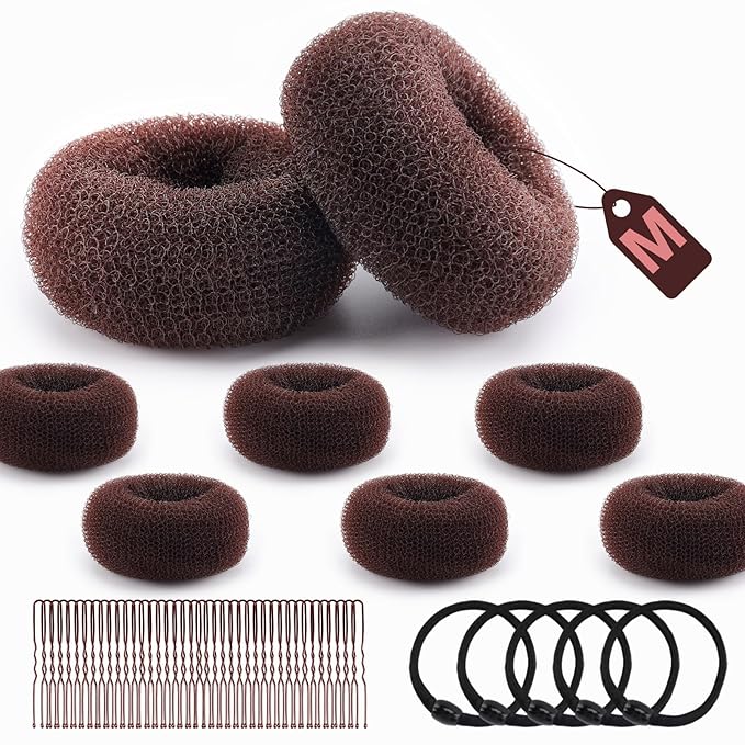 HOFASON Hair Accessories for Women Girls Kids, Bun Makers for Kids, 6Pcs Hair Bun Maker Donut Hair Ties Hair Elastics Hair Pins Kit, Ballet Bridal Accessories Gifts for Women (Size 3 Inch,Brown)