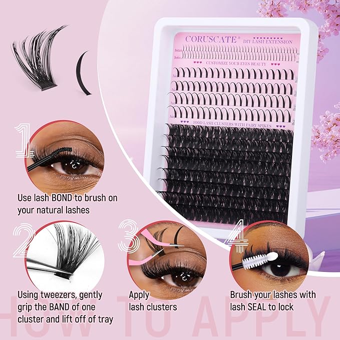 CORUSCATE 100D Lash Clusters with Bottom Lashes Spikes Eyelash Clusters Multi-type Individual Lashes Thick DIY Lash Extension Kit Fairy Cluster Eyelash Extensions 5-20mm Wispy Cluster Lashes Spike