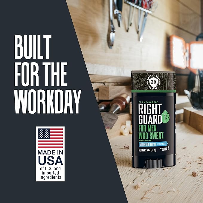 Right Guard Plant-Based Antiperspirant with Aluminum Sweat Blockers Invisible Solid Mens Deodorant, Mountain Fresh Scent, 2X Sweat Protection, 72HR Odor Control, for Sensitive Skin, 2.6 oz, 1pk
