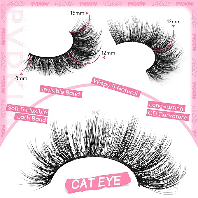 Wispy Lashes Manga False Eyelashes Natural Cat Eye Lahses Strip 8-15mm Fake Lashes Pack Wispy 3D Eyelashes with Cotton Band, 7 Pairs