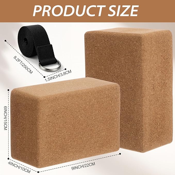 Leitee 6 Pcs Cork Yoga Blocks with Straps 9 x 6 x 4 Inch Cork Yoga Brick 8.2 FT Strap Non Slip High Density Bricks Exercise Blocks for Physical Stretching Flexibility Balance Fitness Pilates