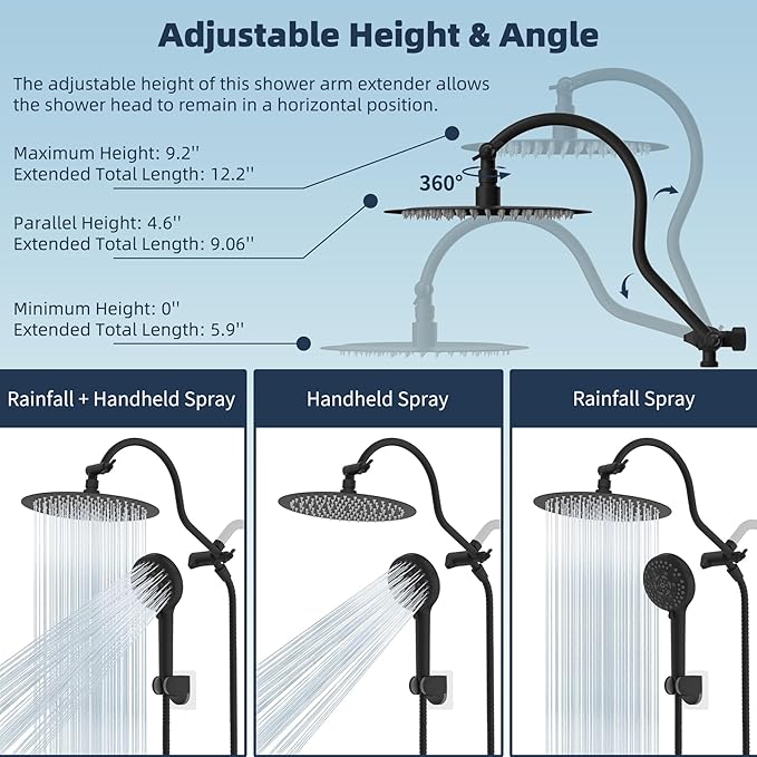 Hibbent All Metal CUPC Certified Shower Head, 10'' High Pressure Rainfall Shower Head, Handheld Showerhead Combo with 12'' Adjustable Extension Arm, 10-Spray, 71'' Hose, Shower Holder, Matte Black