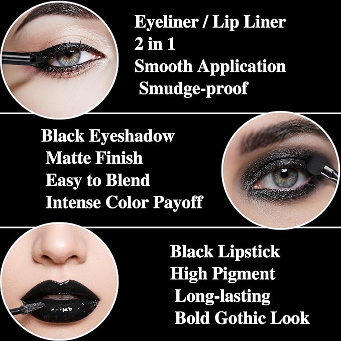 Black Eyeshadow Palette Liquid Lipstick Eyeliner Set with Mini Brush, Smokey Eye Shadow Black Lip Gloss lip liner Set, Smudge Proof Long-lasting, Suitable for Halloween Cosplay Goth Witch Makeup