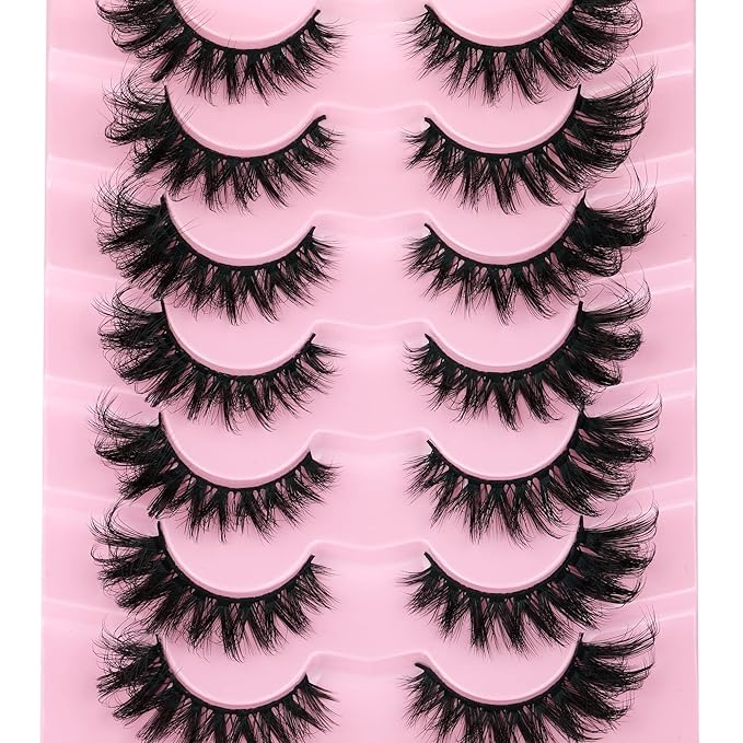 JIMIRE Faux Mink Lashes Fluffy Cat Eye Natural Look False Eyelashes Volume Wispy Fox Eye Crossed 17MM Thick Fake Lashes Look Like Eyelash Extensions Pestañas 7 Pairs Pack