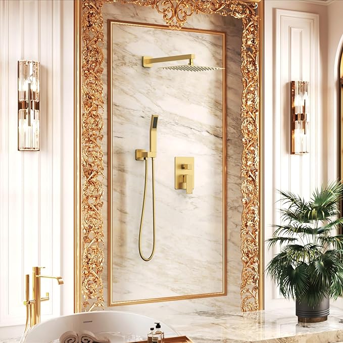 Longriver Shower Faucet Set, Shower System Bathroom High Pressure 12 Inches Rainfall Shower Head with Handheld Spray, Wall Mounted Shower Fixtures with Shower Valve and Trim Kit, Brushed Gold