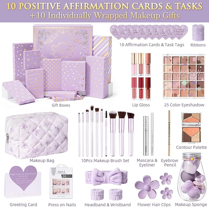 Teen Girl Gifts Trendy Stuff, 10 Positive Affirmation Cards & Empowering Challenges to Unlock 10 Wrapped Makeup Gift Set Motivational Birthday Valentines Day Gift Basket for Tween & Teenage Girls
