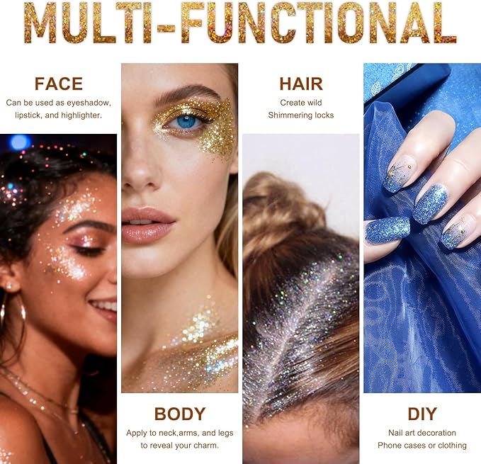 Roll-on Holographic Body Glitter Gel for Face and Hair, Chameleon Color Changing Glitter Gel Under Light, Chunky Mermaid Sequins Shimmer Makeup for Halloween Party Rave Accessories (Champagne)