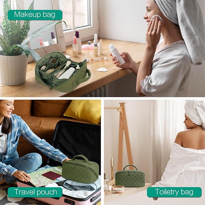 RunaFun Travel Makeup Bag for Women, Puffer Quilted Open Flat Makeup Organizer with Toiletry Bag, Portable Cosmetic Case for Travel & Daily Use, Green