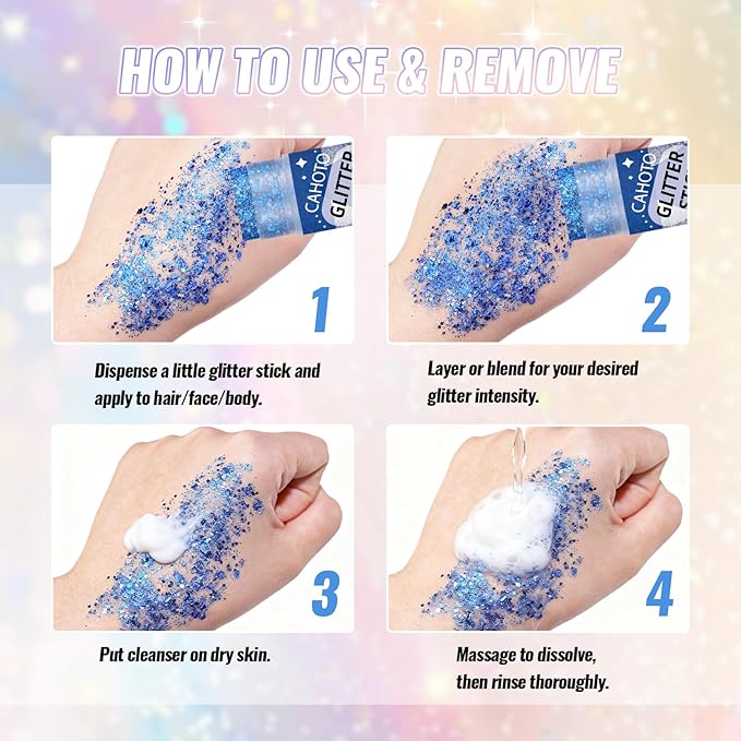 Blue Face Body & Hair Glitter Stick for Singer Concerts Outfit, Shimmer Stick Gel for Women, Sparkling Holographic Chunky Sequins for Rave Festival Halloween Carnival, 0.56oz