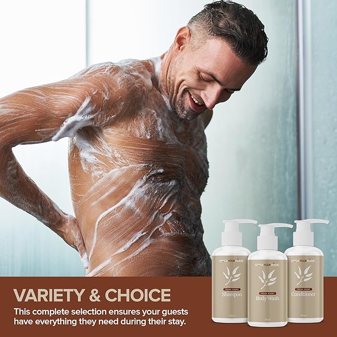Shower Essentials Set for Men and Women, 3 Piece Shampoo Conditioner and Body Wash Set, 10 oz Bottles, Guest Bathroom Toiletries for Hotels and Rentals