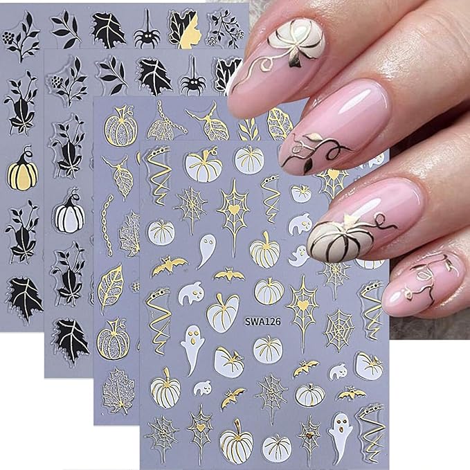 Halloween Pumpkin Ghost Nail Art Stickers Fall Maple Leaf Nail Decals Golden Fall Leaf Bat Spider Web Ghost 3D Self-Adhesive Nail Design Stickers for Women Holiday Manicure 8 Sheets