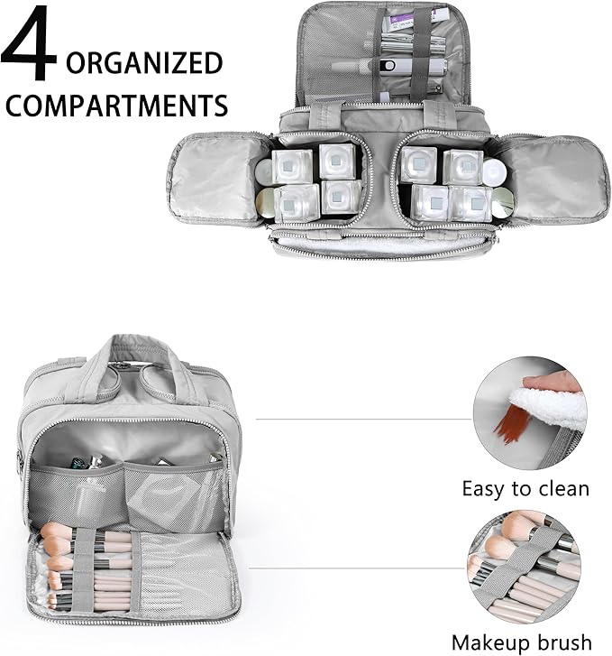 BUZFOWU Travel Toiletry Bag for Women, Large Wide-open Puffy Cosmetic Makeup Bag with Wet-Dry Separation, Multi-Pocket Organizer with Carry Handle for Toiletries, Cosmetics, Essentials, Light Grey