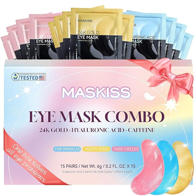 Maskiss Under Eye Patches (15 Pairs), Valentines Day Gifts for Her, 3 Colors Eye Masks Gift Set for Dark Circles Puffy Eyes, Undereye Bags and Wrinkles, Vegan Skin Care Gifts for Teen Girls