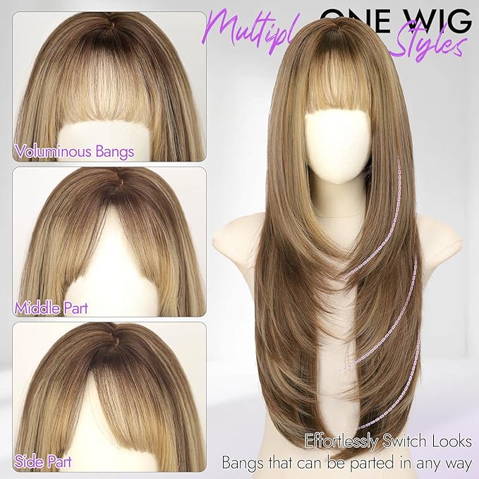 Long Brown Blonde Highlight Wig with Bangs for Women 4x4 Realistic Scalp,Free Parting,Layered Hairstyle Synthetic Heat Resistant for Daily Party Use 26 inch