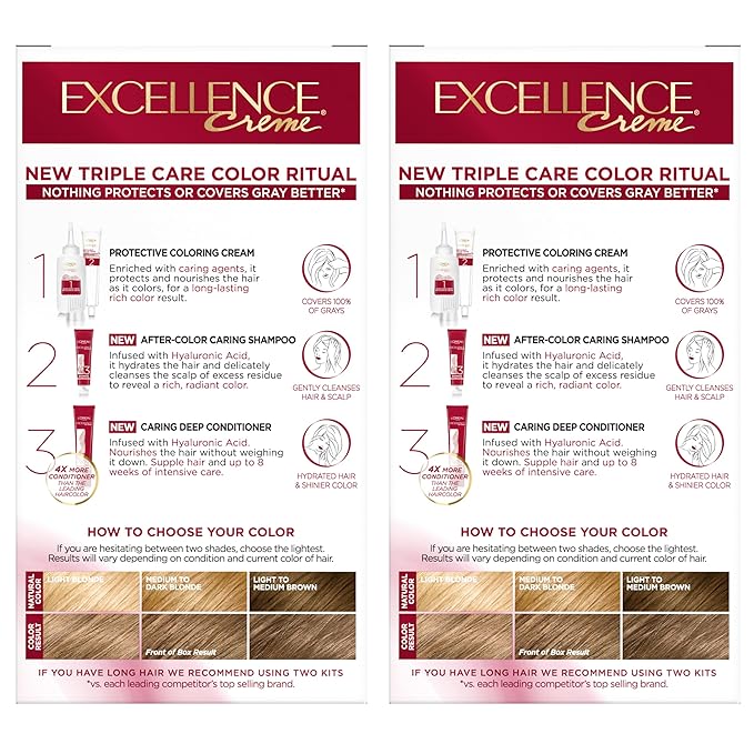 L'Oreal Paris Excellence Crème Permanent Hair Dye, Triple Care Hair Color with Hyaluronic Acid for 100% Gray Coverage, 7 Dark Blonde, 1 Kit (Pack of 2) (Packaging May Vary)