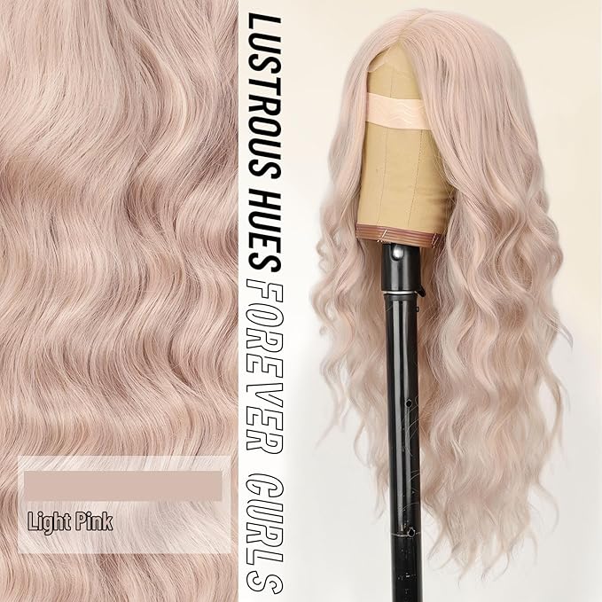 AISI HAIR Light Pink Wig for Women, Long Wavy Lace Hairline Middle Part Synthetic Heat Resistant Wig for Daily Party-26 Inch