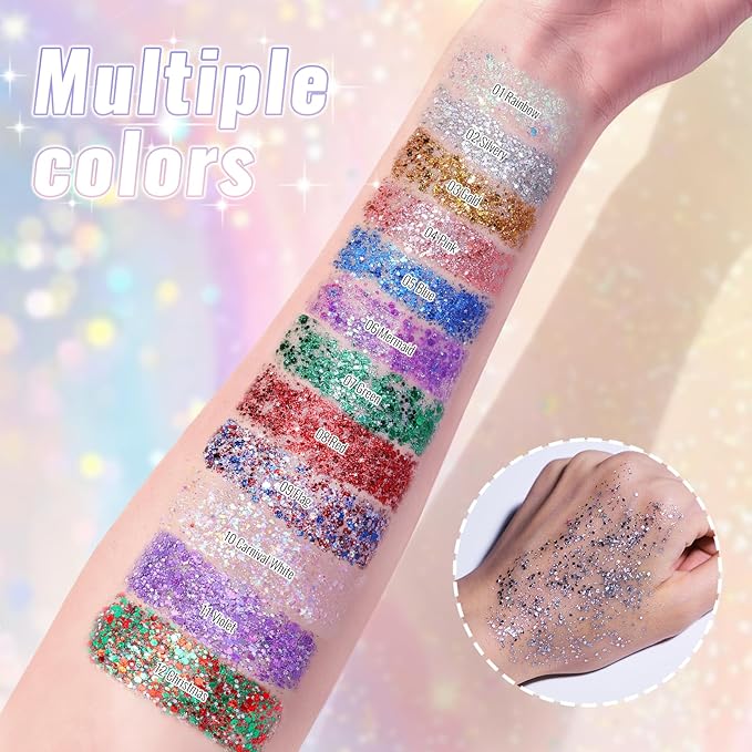 Silvery Face Body & Hair Glitter Stick for Singer Concerts Outfit, Shimmer Stick Gel for Women, Sparkling Holographic Chunky Sequins for Carnival Rave Festival Halloween, 0.56oz