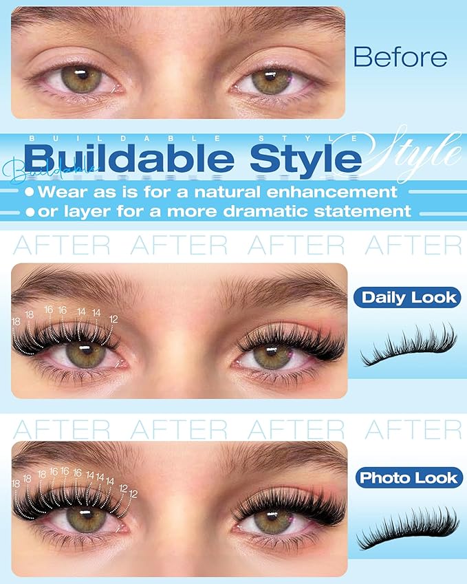 Natural Lash Clusters Kit Wispy Lash Extension Kit 50D Fairy Eyelash Clusters Kit with Spikes Manga Cluster Eyelash Extensions Kit 12-18mm Individual Lashes Clusters by Delyneph