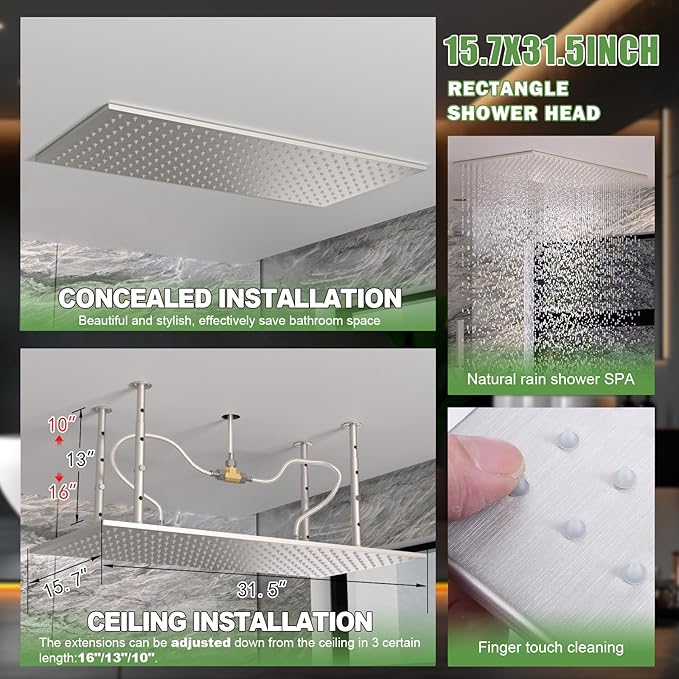 HOMEDEC Dual Side 6" Wall Mounted Shower System, 15.7x31.5" Ceiling Rain Shower, with Handheld and 6 Spray Jets, Brushed Nickel