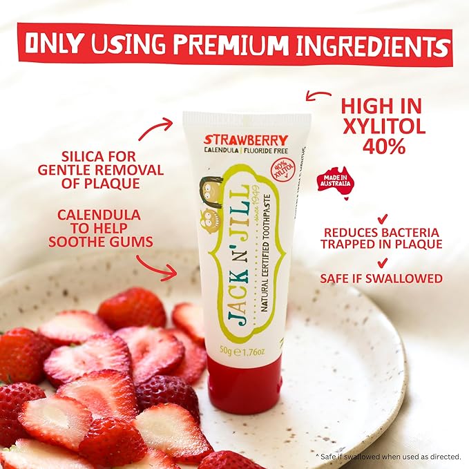 Jack N' Jill Natural Toddler Toothpaste - Fluoride Free Training Toothpaste for Toddlers 1-3, 40% Xylitol, BPA Free - Strawberry & Raspberry, 1.76 oz (2 Pack)
