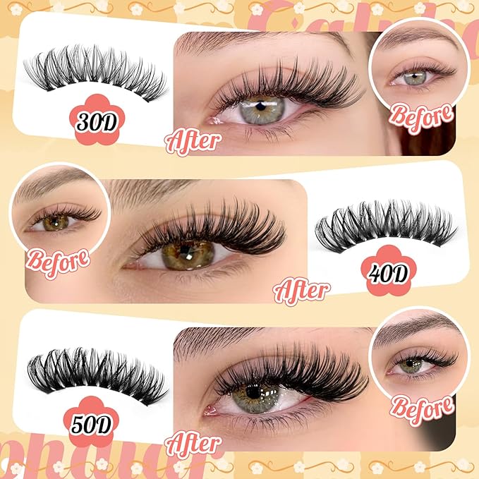 Cat Eye Lash Clusters Wispy Eyelash Clusters 30D+40D+50D Individual Lashes 400pcs Light & Right Cluster Eyelash Extensions D-curly Lash Extension 8-18mm Natural Lashes Clusters for Beginners